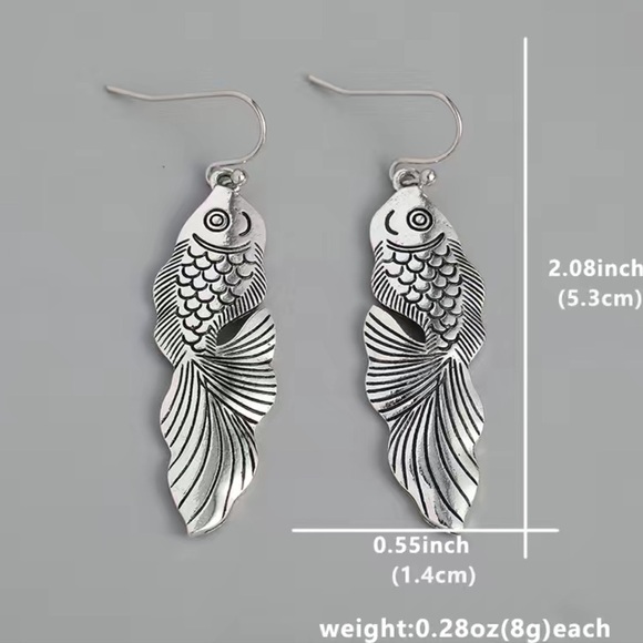 Vintage Style Bohemian Fish Shaped Drop Earrings Silver Plated| Holiday Gift - Picture 6 of 6
